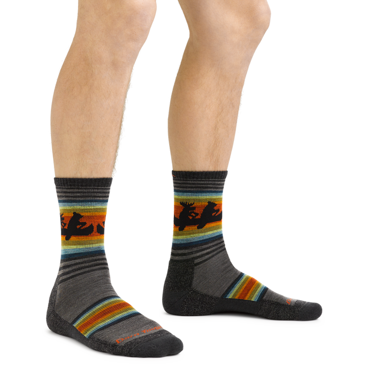 5003 men's Willoughby hiking socks with a canoeing bear and moose design in taupe brown on foot