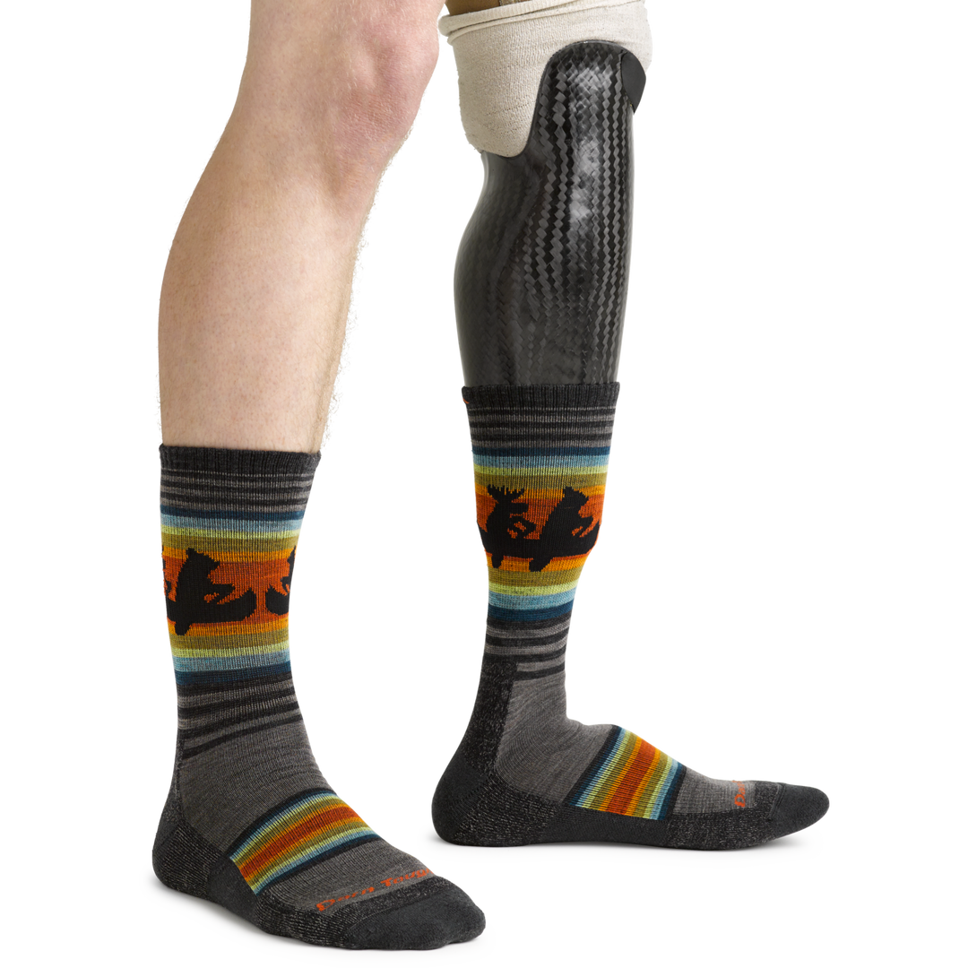 5003 men's Willoughby hiking socks with a canoeing bear and moose design in taupe brown on prosthetic foot