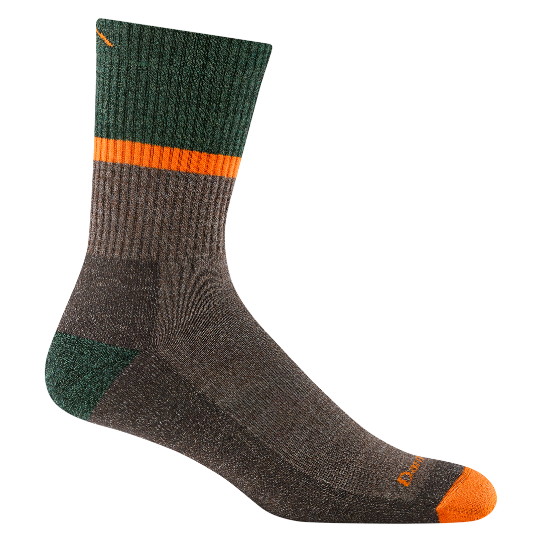 5004 men's ranger micro crew hiking sock in brown with orange toe, green heel, orange stripe and green block around calf