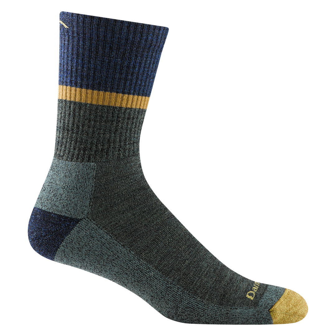 5004 men's ranger micro crew hiking sock in moss with yellow toe, navy heel, yellow stripe and navy block around calf