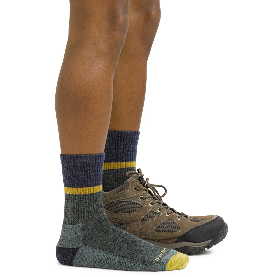 5004 men's ranger merino wool hiking socks in Moss on foot with hiking boot