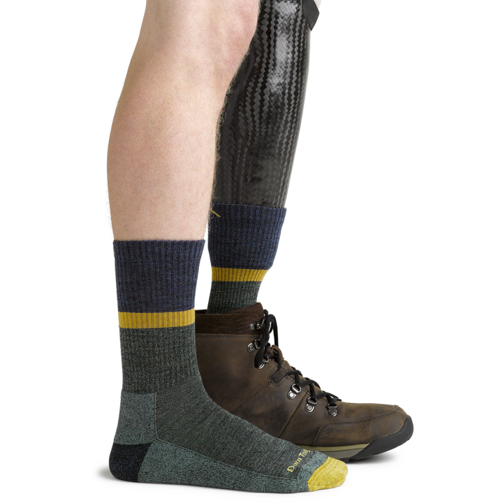 5004 men's ranger merino wool hiking socks in Moss on prosthetic foot with hiking boot