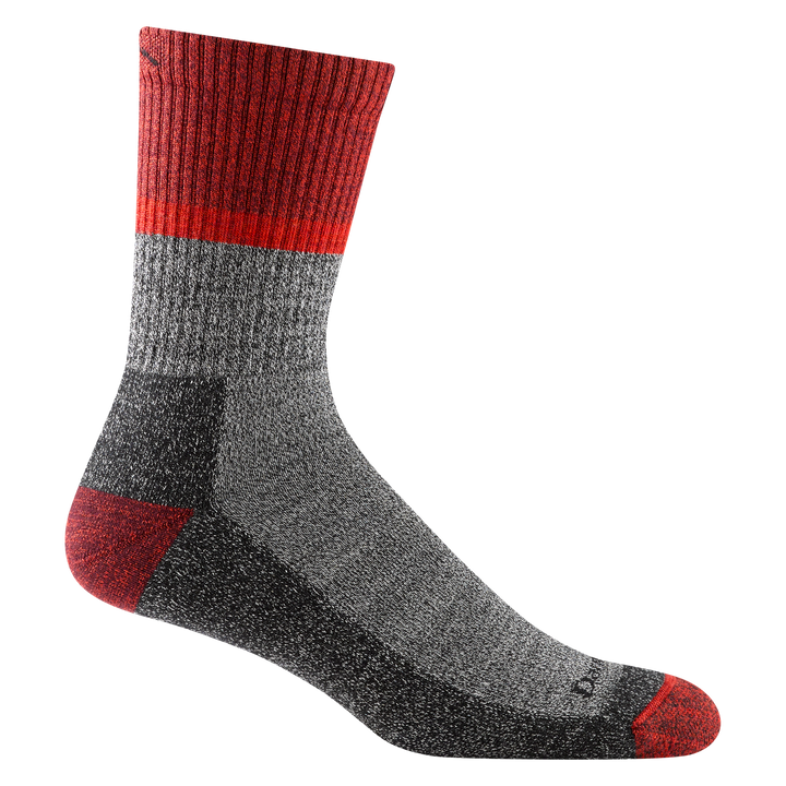 5004 men's ranger micro crew hiking sock in color heathered gray with red accents and red color block around calf