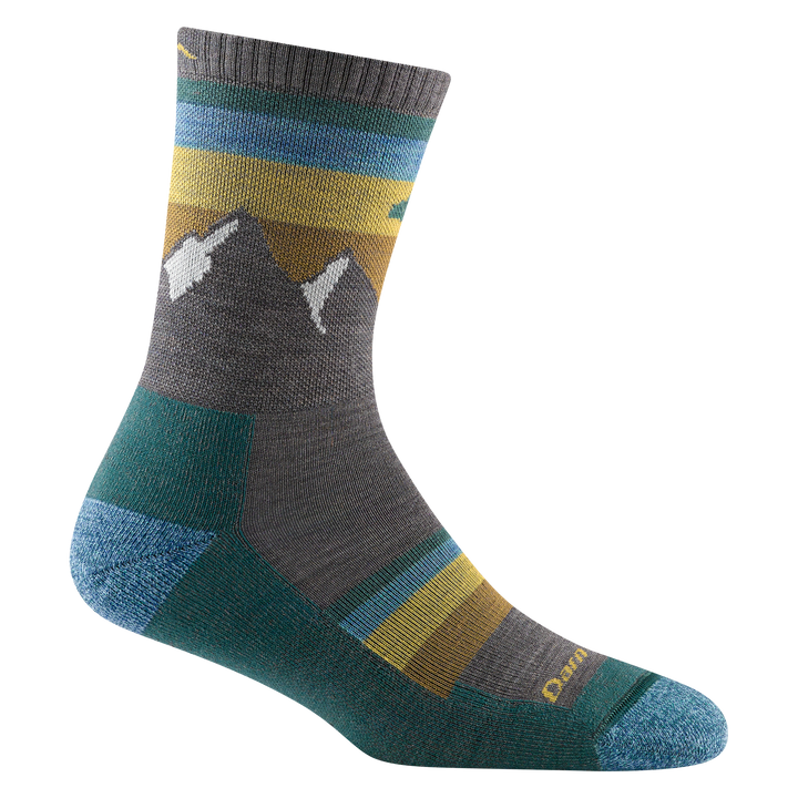 Reverse side of women's sunset ledge micro crew hiking sock in taupe with teal bottom and gold and teal forefoot stripes