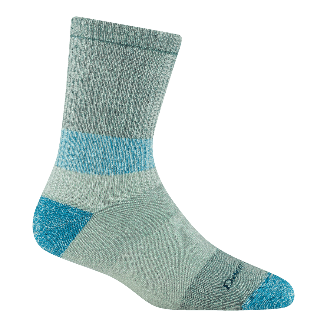 5011 Micro crew Mountaineering sock in Reed featuring a teal heel/toe and a seafoam body with teal and mint stripe at ankle