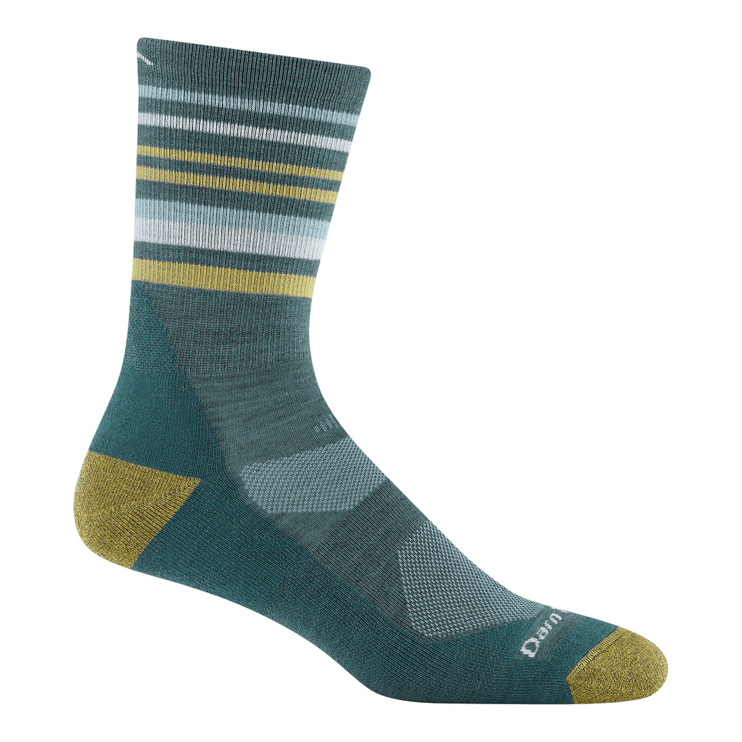 5012 fastpack micro crew hiking sock in teal featuring a yellow heel/toe green body with stripes on leg