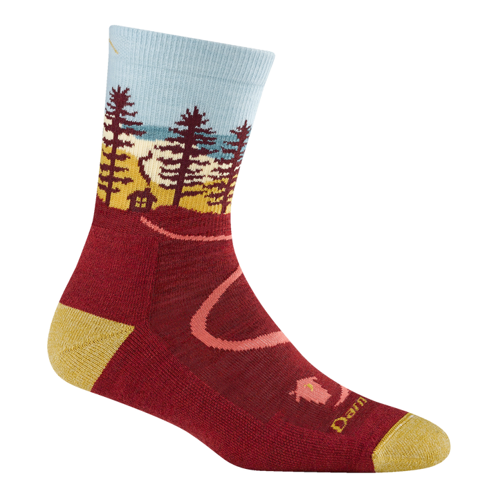 5013 women's northwoods micro crew hiking sock in berry with a yellow toe/heel accents and cabin and tree design on the ankle