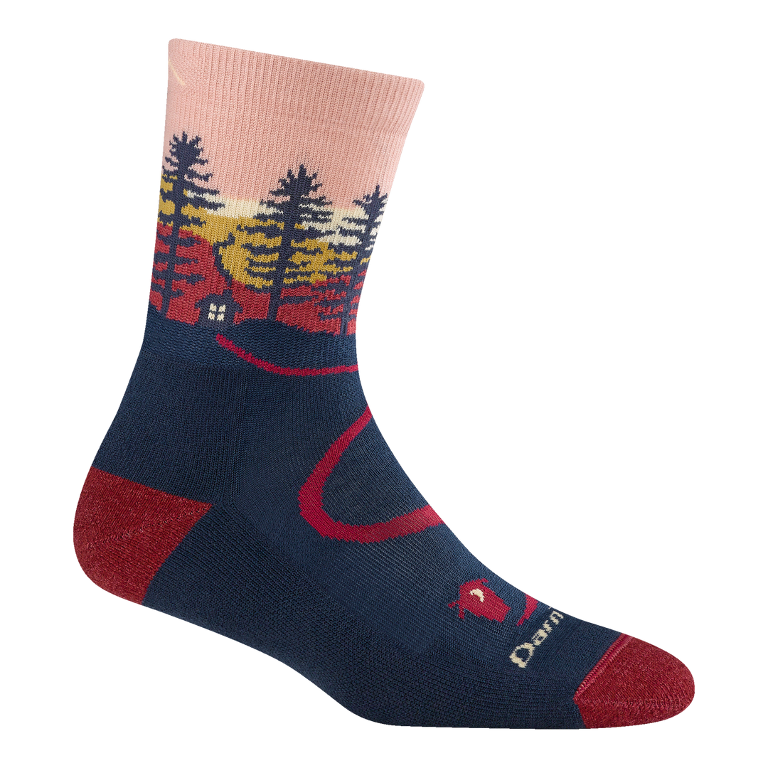 5013 women's northwoods micro crew hiking sock in dawn with a red toe/heel accents and cabin and tree design on the ankle