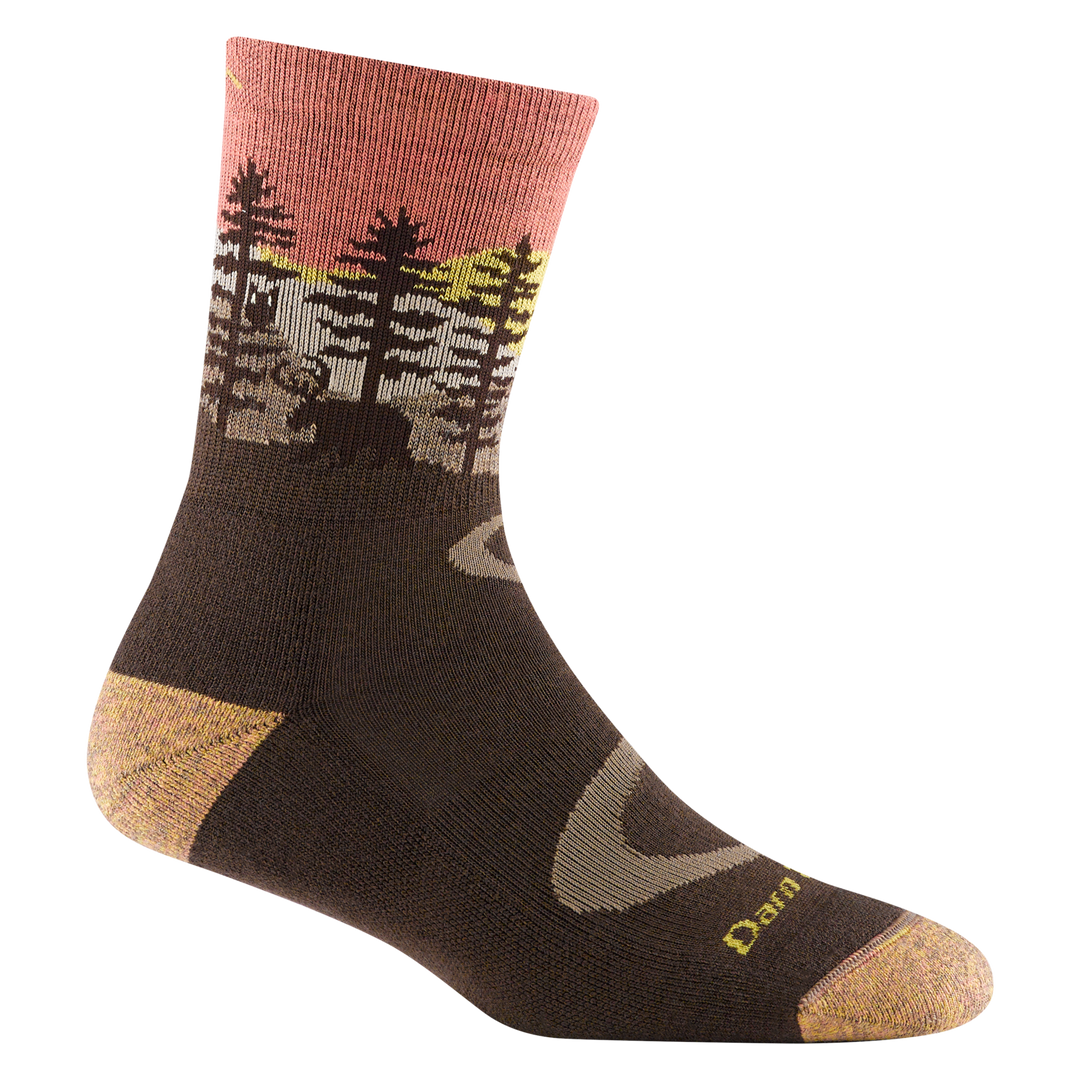 reverse 5013 women's northwoods micro crew hiking sock in earth with a tan toe/heel accents and a moose and tree design on the ankle