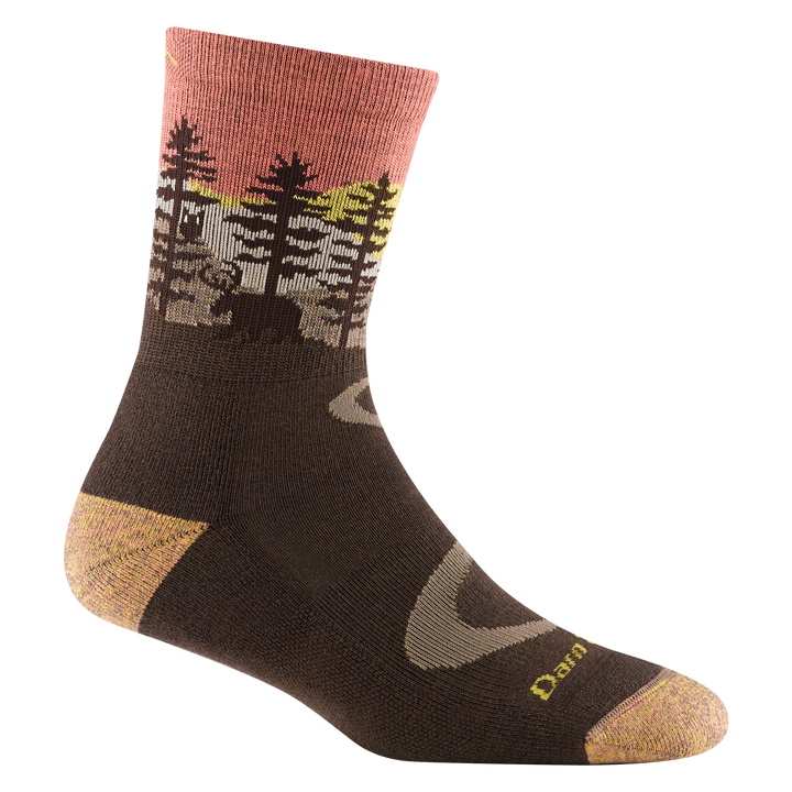 reverse 5013 women's northwoods micro crew hiking sock in earth with a tan toe/heel accents and a moose and tree design on the ankle