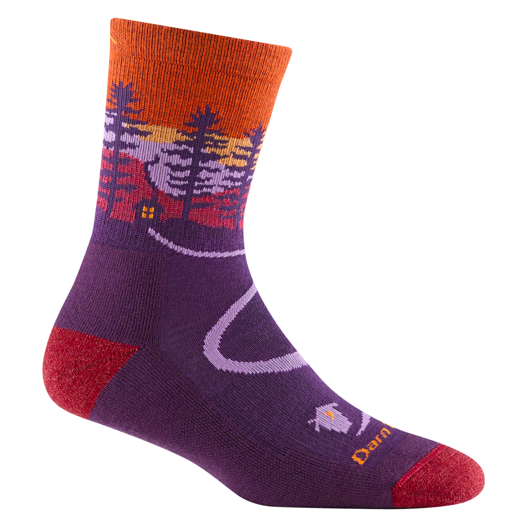 5013 women's northwoods micro crew hiking sock in nightshade with a red toe/heel accents and  cabin and tree design on the ankle