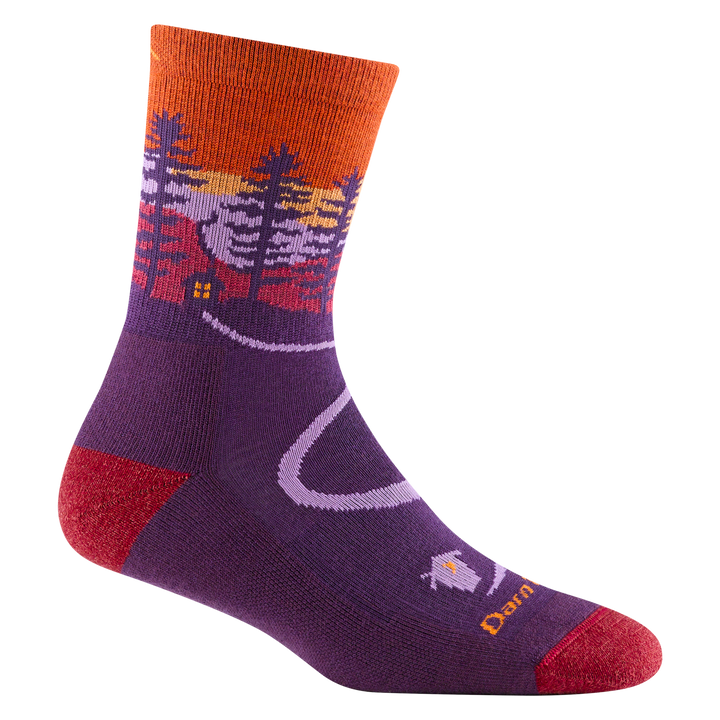 5013 women's northwoods micro crew hiking sock in nightshade with a red toe/heel accents and  cabin and tree design on the ankle