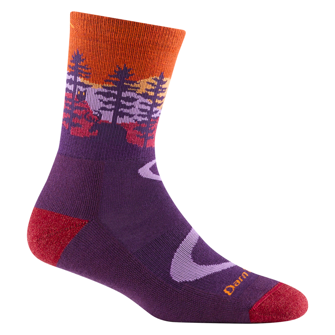 reverse 5013 women's northwoods micro crew hiking sock in nightshade with a red toe/heel accents and a moose and tree design on the ankle