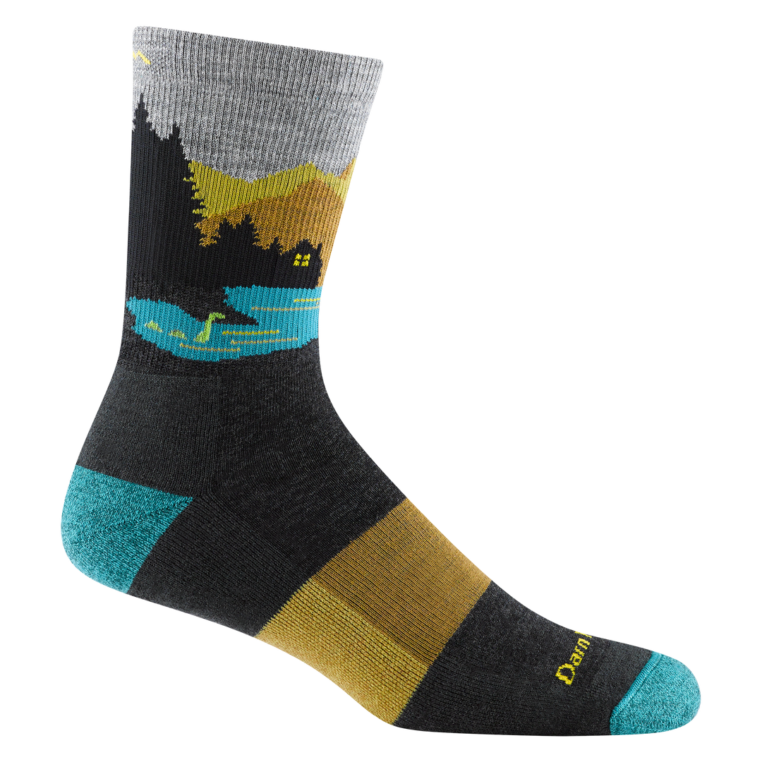 5014 Close encounter Micro crew midweight hiker in charcoal featuring lake house scene with loch ness in the water, Teal, toe/heel