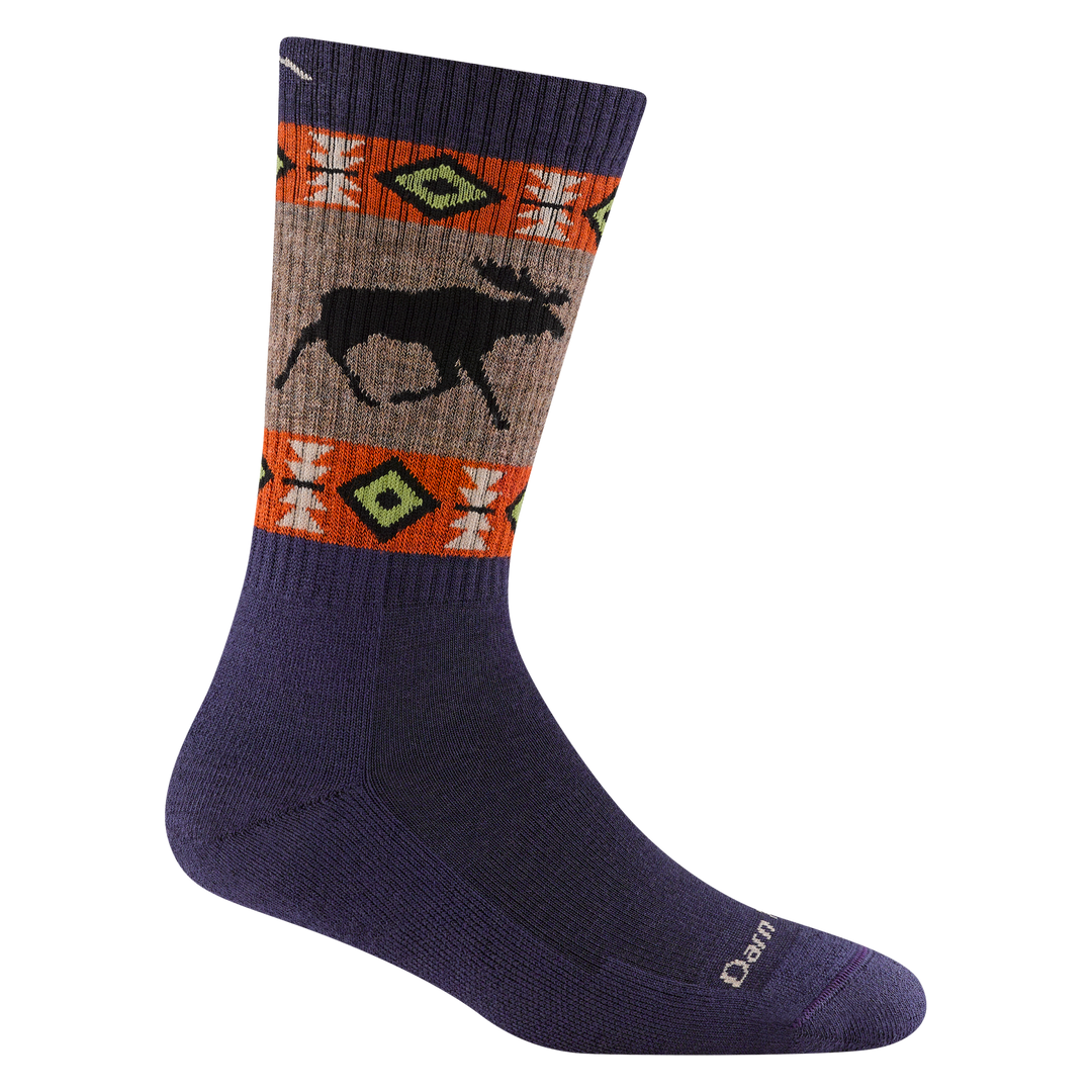 5017 vanna grizzle boot sock in blackberry puple with orange stripe and design  with a moose on the calf