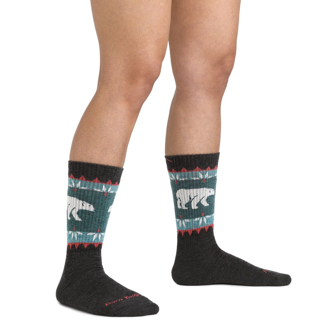 On model image of 5017 Vanna Grizzle Hiking Socks in Charcoal colorway featuring  blue and red retro pattern and polar bear