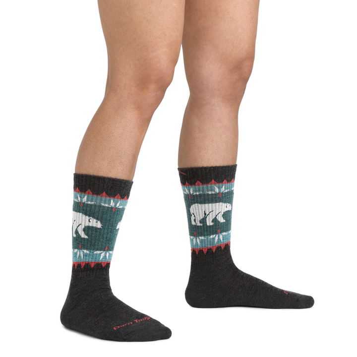 On model image of 5017 Vanna Grizzle Hiking Socks in Charcoal colorway featuring  blue and red retro pattern and polar bear