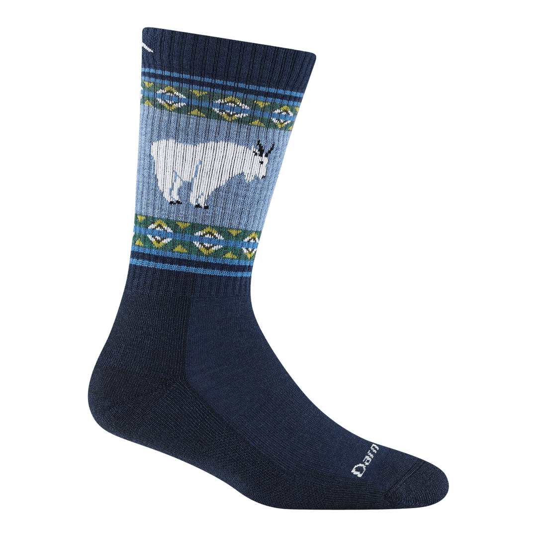 5017 vanna grizzle boot sock in goat blue with light blue stripe and design with a white mountain goat on the calf