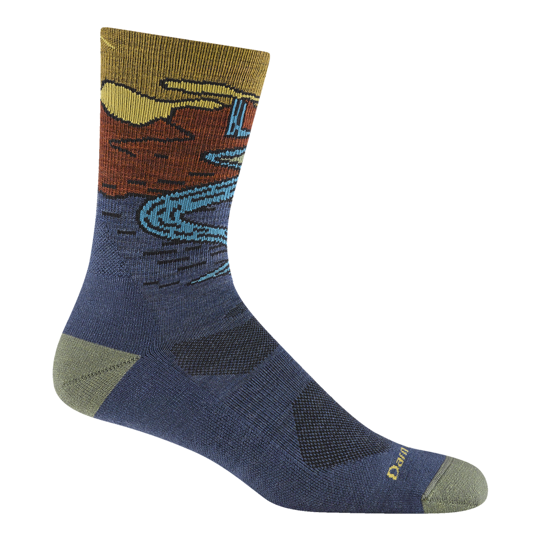5020 chasing waterfalls micro crew hiking sock in denim featuring a pale yellow heel/toe  blue body and waterfall scene on leg