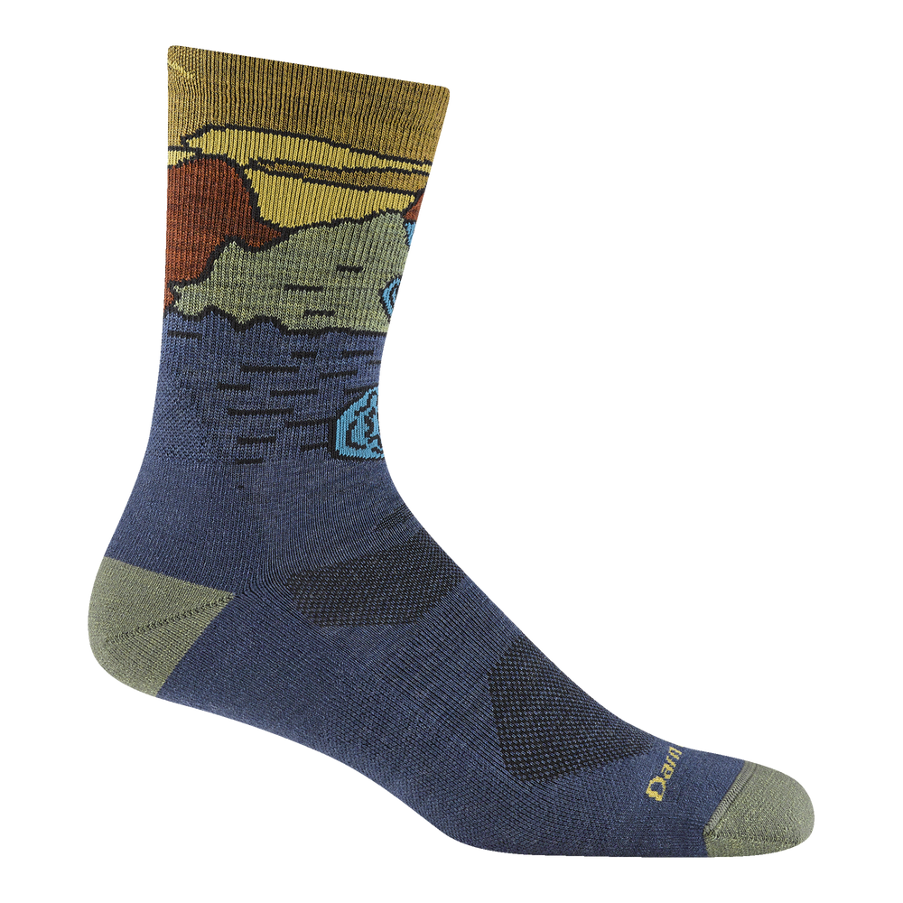 Reverse 5020 chasing waterfalls micro crew hiking sock in denim featuring a pale yellow heel/toe blue body and waterfall scene on leg