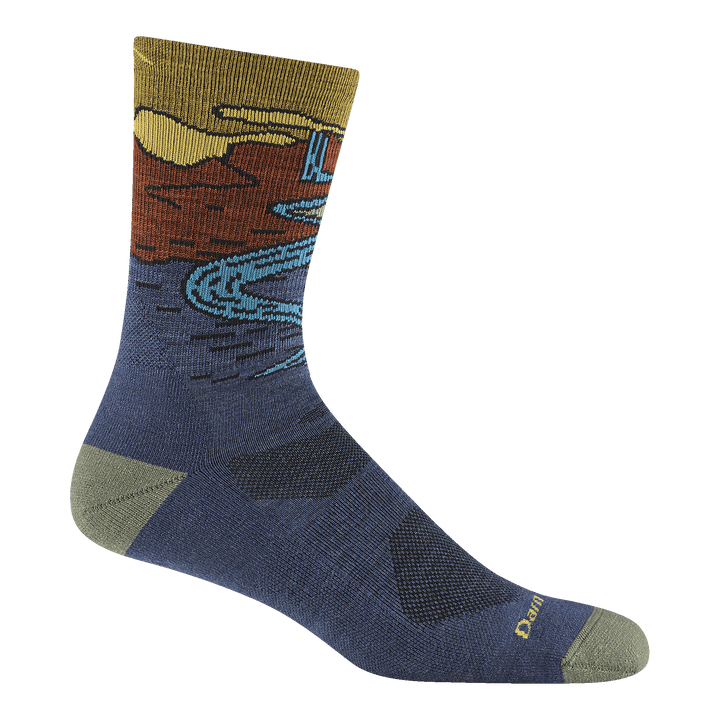 5020 chasing waterfalls micro crew hiking sock in denim featuring a pale yellow heel/toe  blue body and waterfall scene on leg