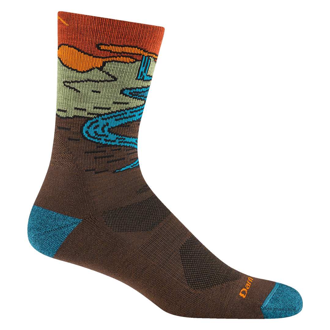 5020 chasing waterfalls micro crew hiking sock in earth featuring a teal heel/toe brown body and waterfall scene on leg