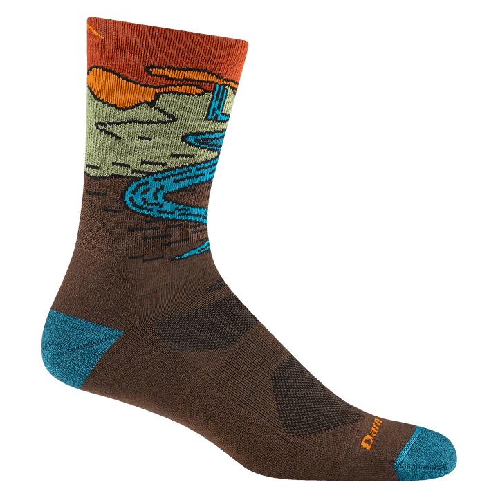 5020 chasing waterfalls micro crew hiking sock in earth featuring a teal heel/toe brown body and waterfall scene on leg