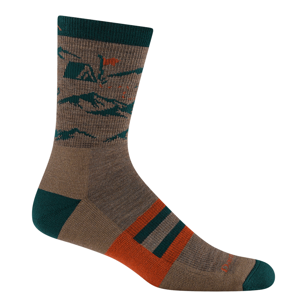 5021 hike hike hut in bark featuring mountains and tent on ankle with green heel/toe and orange logo