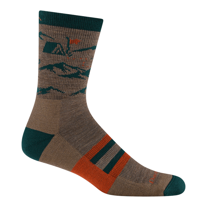 5021 hike hike hut in bark featuring mountains and tent on ankle with green heel/toe and orange logo