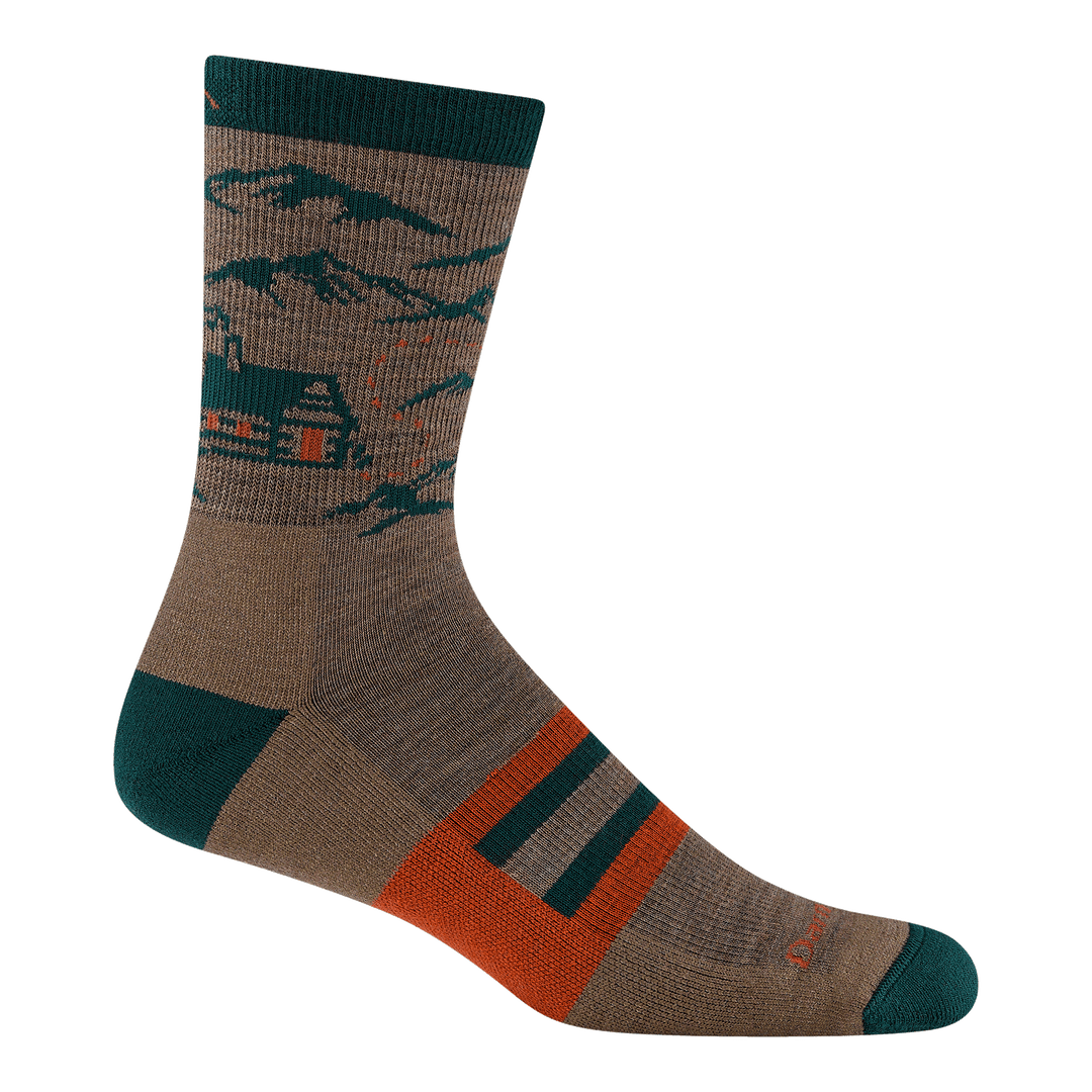 reverse 5021 hike hike hut in bark featuring mountains and cabin on ankle with green heel/toe and orange logo
