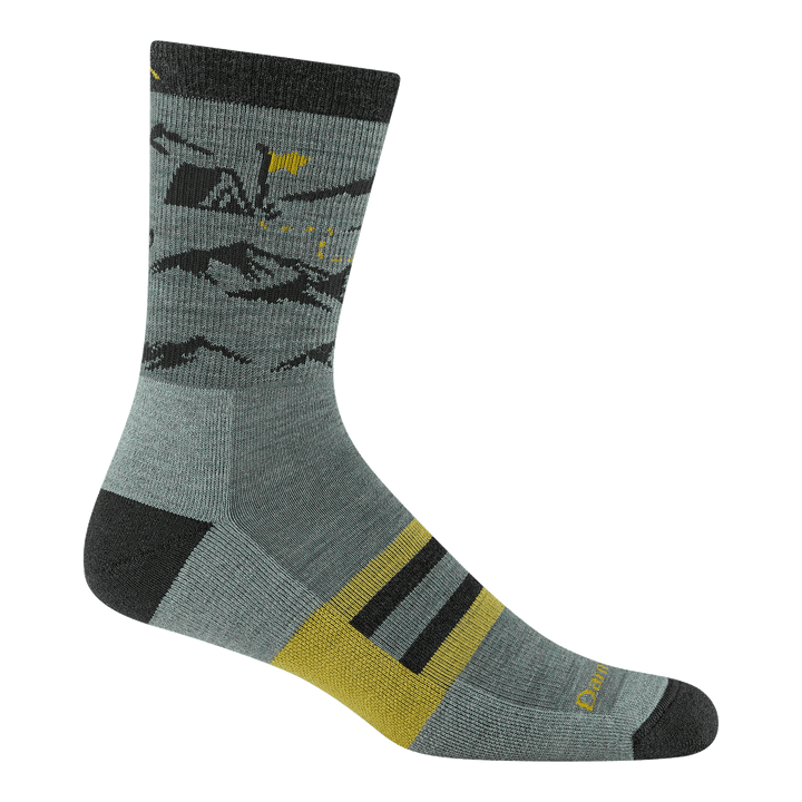 5021 hike hike hut in seafoam with mountain and tents on the ankle black heel/toe yellow logo