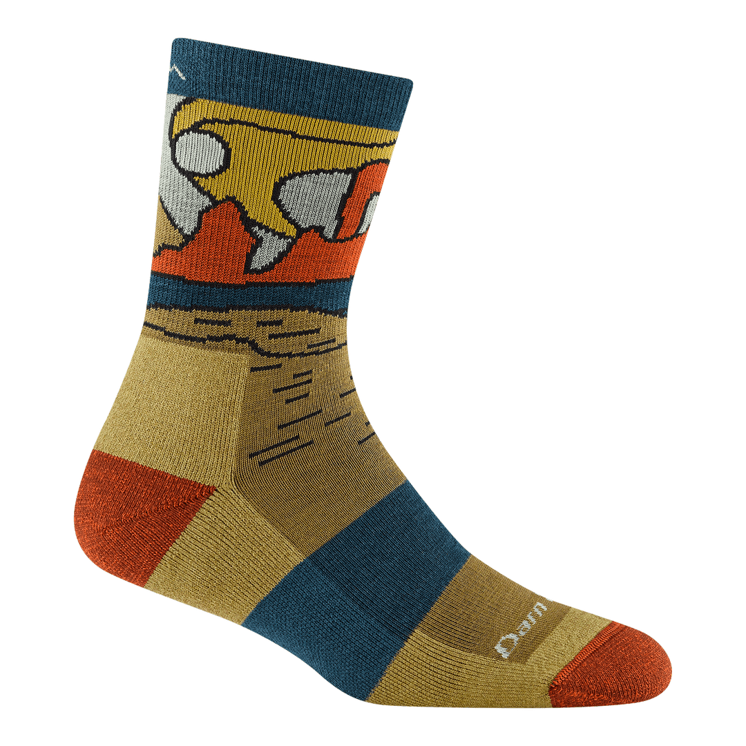 5023 Celeste micro crew in sandstone featuring a yellow body orange heel/toe and canyon landscape on the ankle 