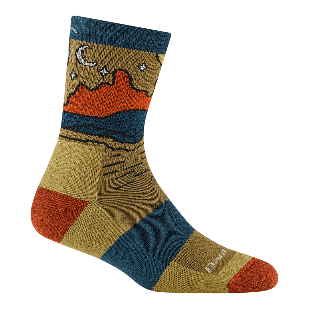 reverse image of 5023 celeste micro crew sock in sandstone featuring yellow body orange heel/toe and canyon nightime landscape 