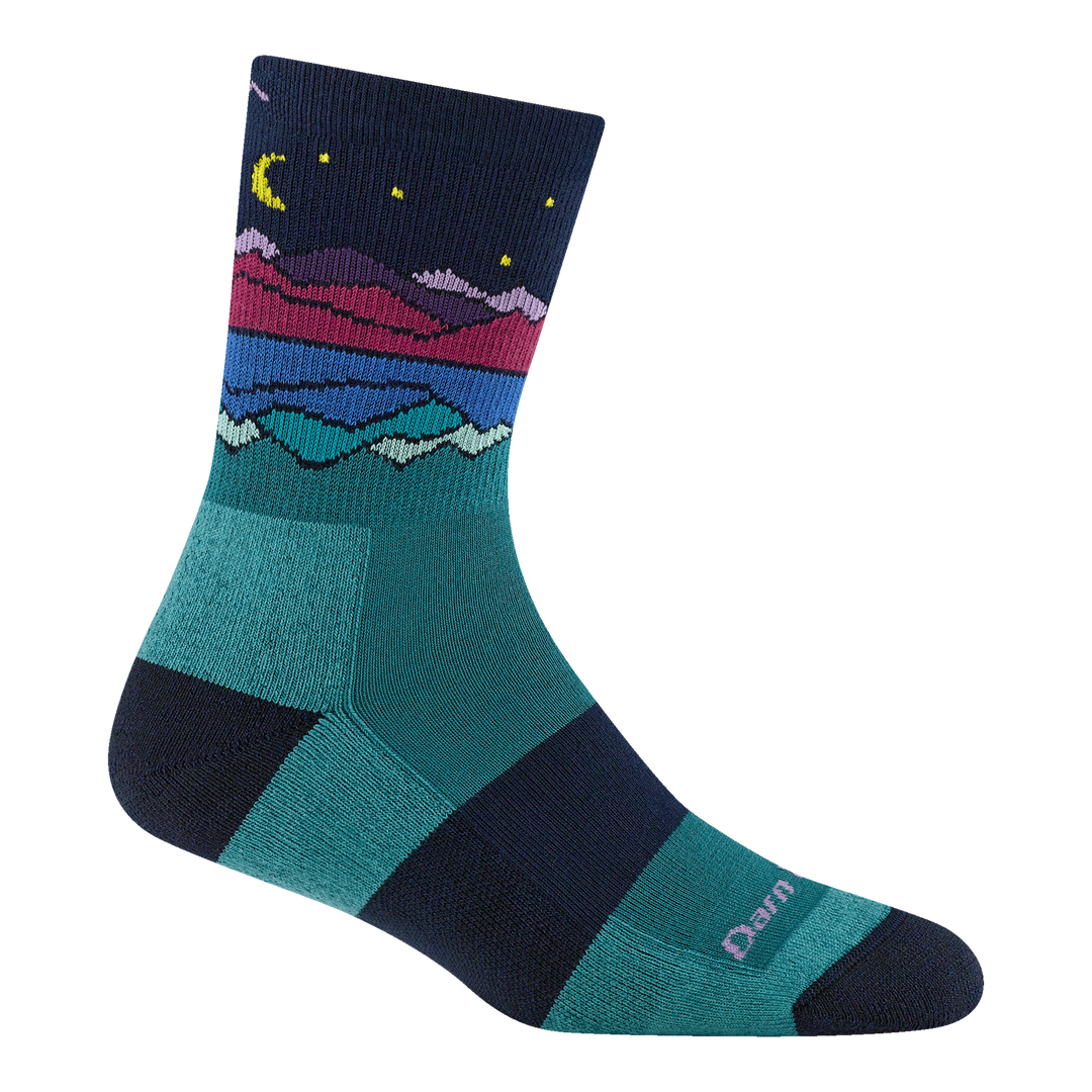 5025 MIrror Lake Coolmax midweight hiking sock in Teal featuring black heel toe and forefoot band with teal body and lake image at cuff