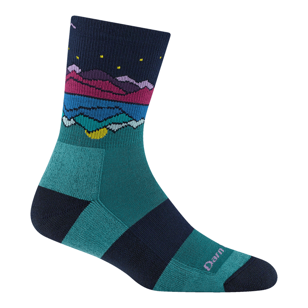 reverse 5025 MIrror Lake Coolmax midweight hiking sock in Teal featuring black heel toe and forefoot band with teal body and lake image at cuff