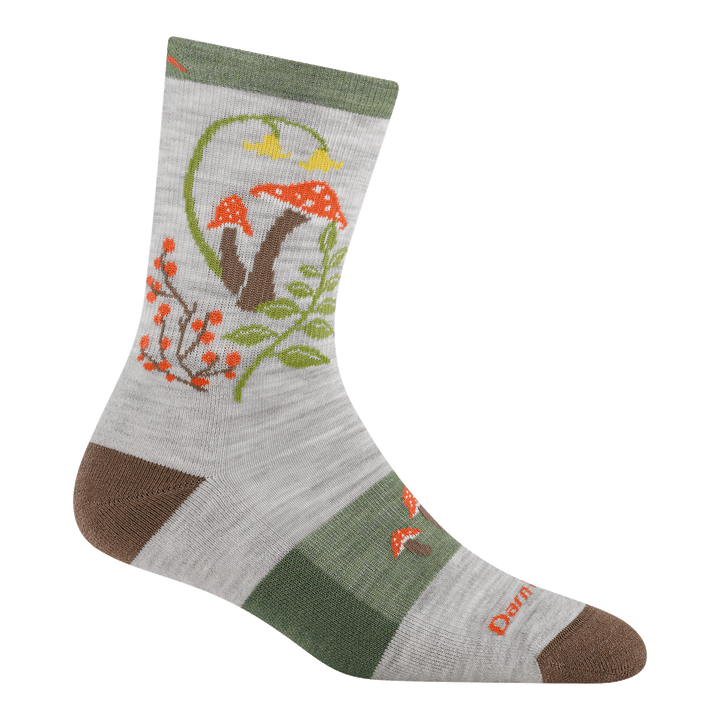 5026 mellow mushrooms micro crew hiking sock in ash featuring a brown heel/toe light gray body green band on foot mushroom ferns and flowers on leg