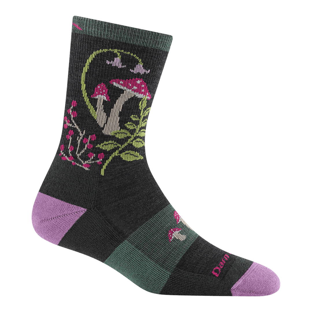 5026 mellow mushroom micro crew hiking sock in charcoal featuring purple heel/toe black body with mushrooms ferns and flowers on the leg