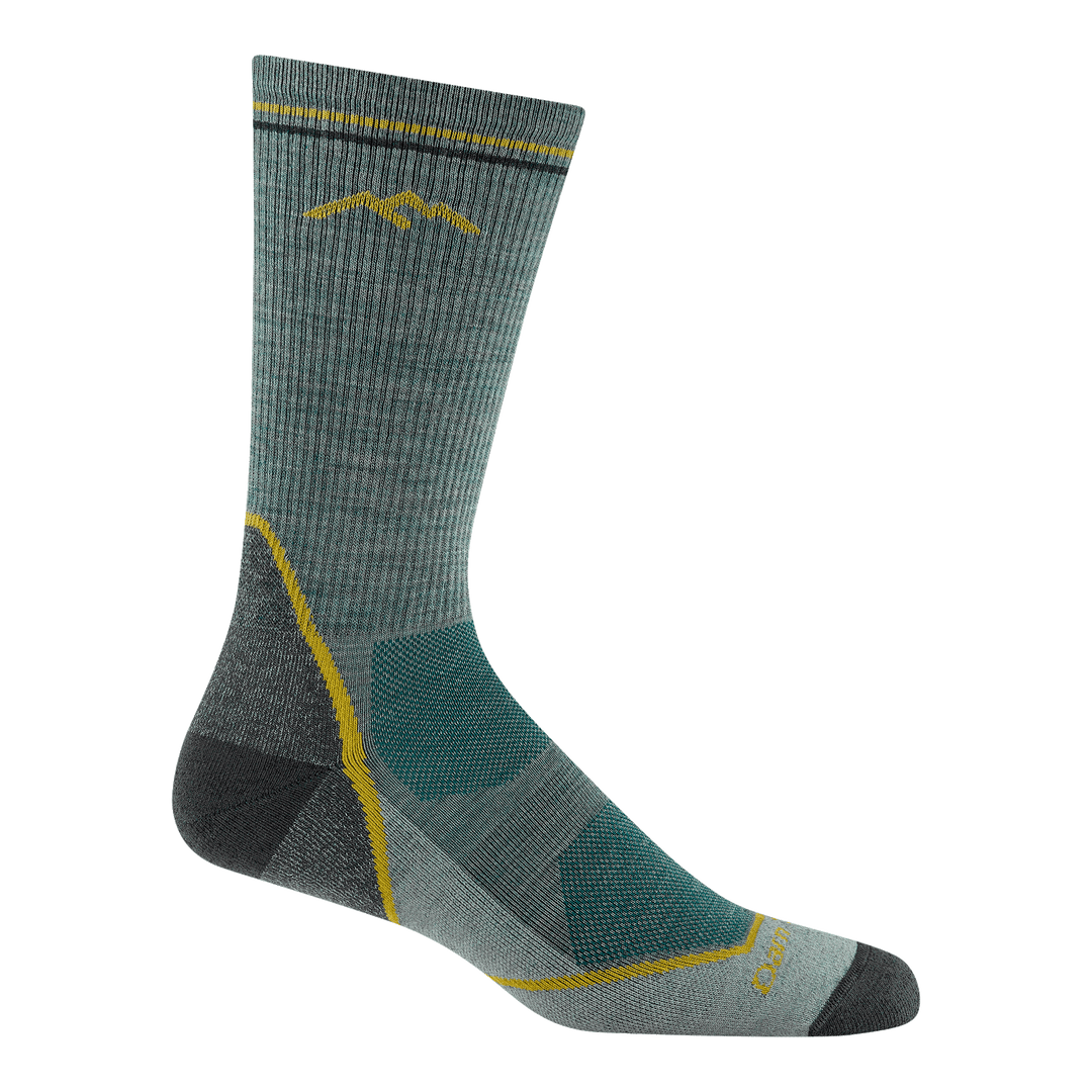 5028 light hiker boot sock in seafoam featuring black heel/toe green body and yellow stripe and logo