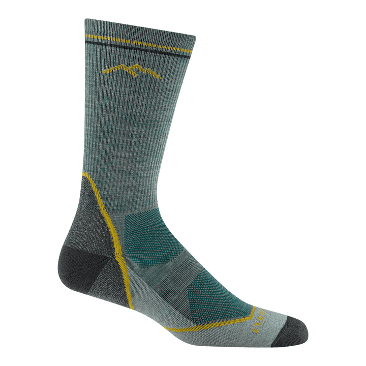 5028 light hiker boot sock in seafoam featuring black heel/toe green body and yellow stripe and logo