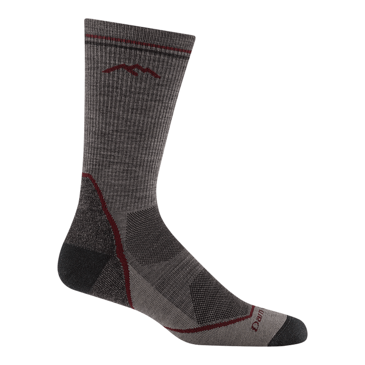 5028 light hiker boot sock in taupe featuring black heel/toe brown body and red stripe and logo