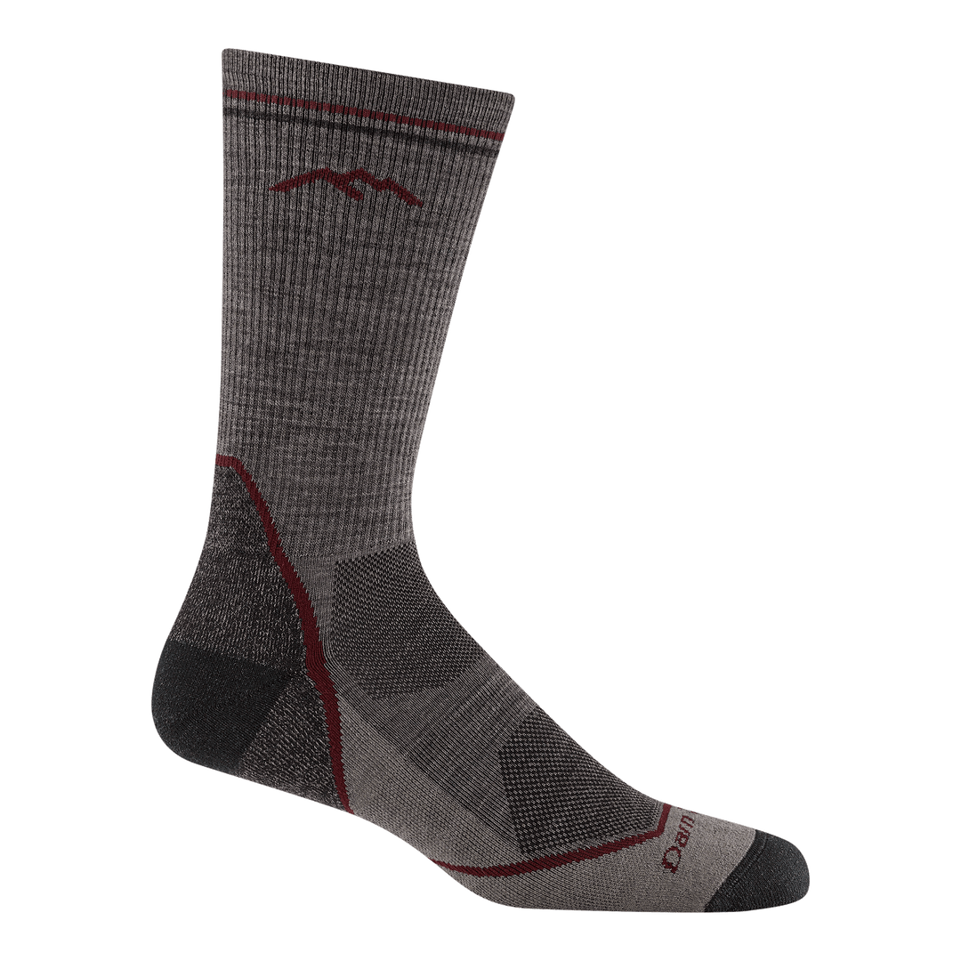 5028 light hiker boot sock in taupe featuring black heel/toe brown body and red stripe and logo