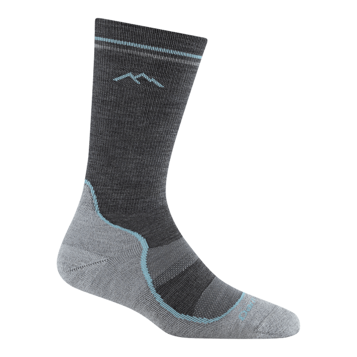 5029 light hiker boot sock in slate featuring light gray bottom dark gray leg with a light blue stripe and logo