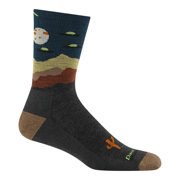 5051 spaced out micro crew hiking sock in charcoal featuring a light brown heel/toe black body with space ships and moon on leg