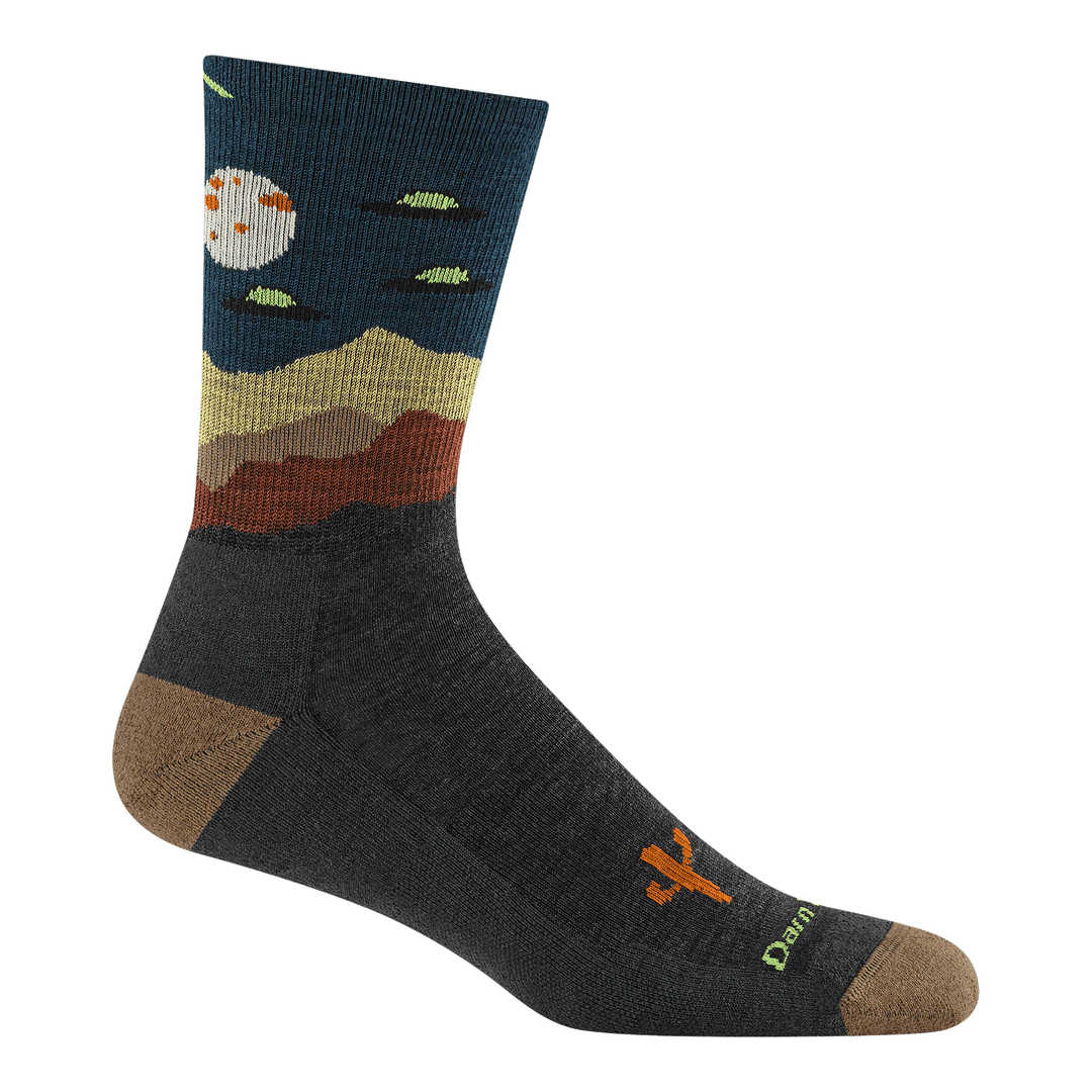 5051 spaced out micro crew hiking sock in charcoal featuring a light brown heel/toe black body with space ships and moon on leg