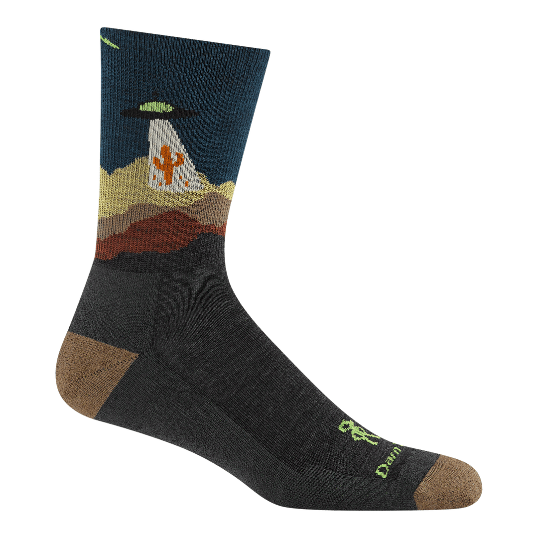 reverse 5051 spaced out micro crew hiking sock in charcoal featuring a light brown heel/toe black body with space ship beaming up a cactus