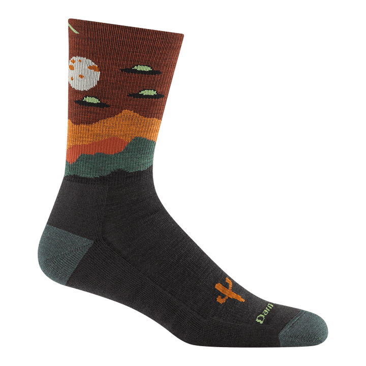 5051 spaced out micro crew hiking sock in walnut featuring green heel/toe brown body with moon and space ships on leg
