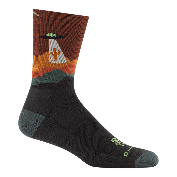 reverse 5051 spaced out micro crew hiking sock in walnut featuring green heel/toe brown body with spaceship beaming up a cactus