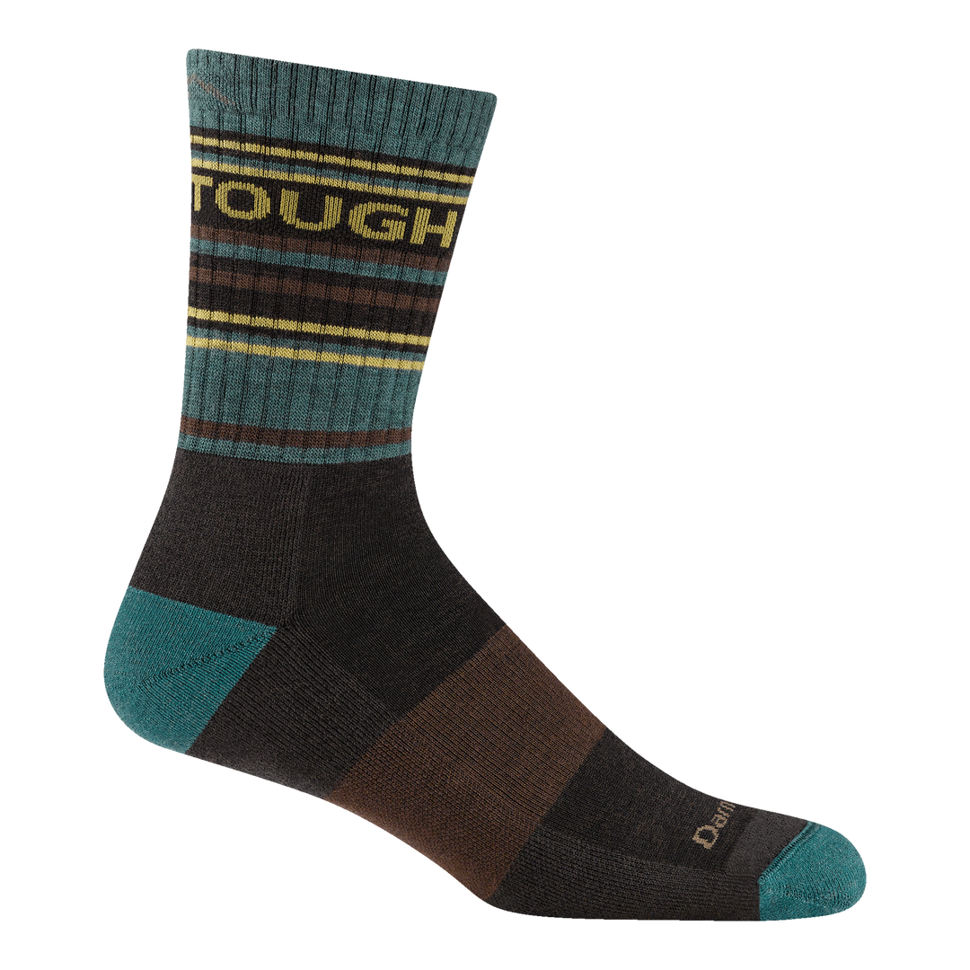 5200 Darn tough legacy sock with darn tough written on the cuff and brown body with teal heel/toe and yellow writing