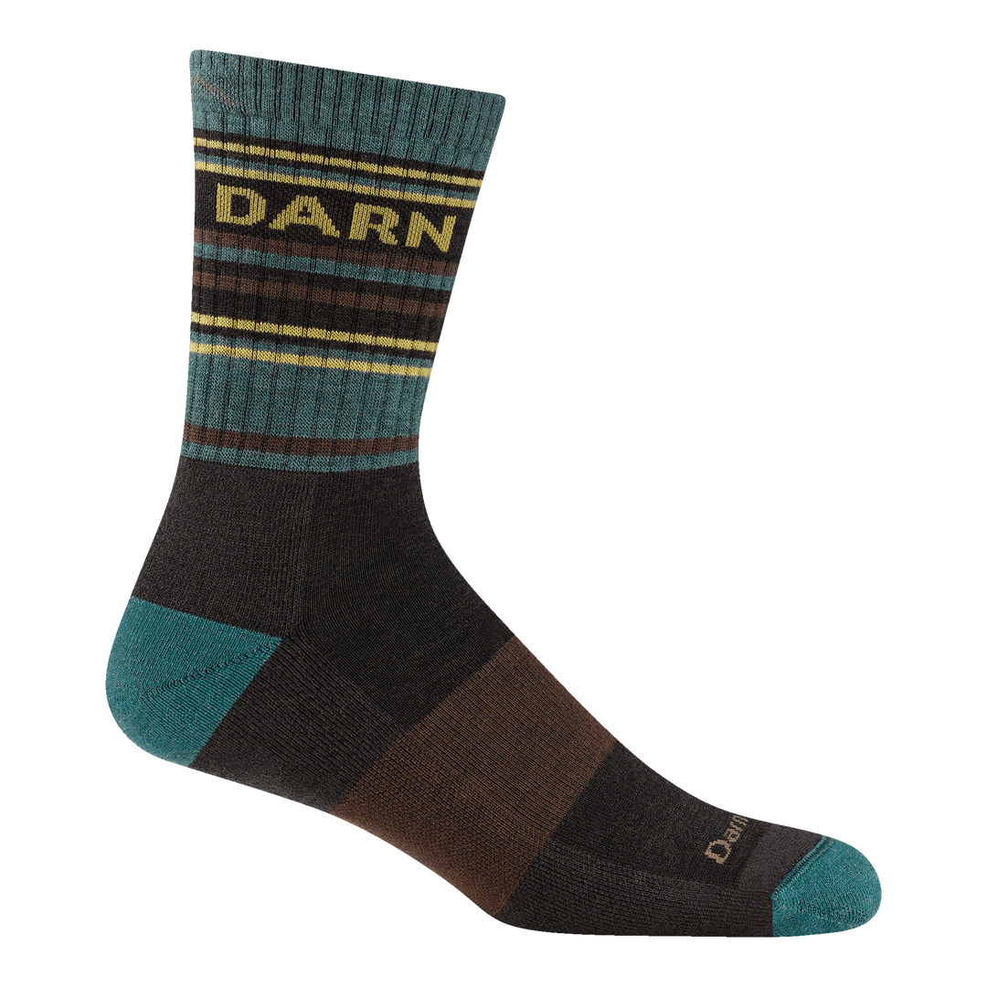 reverse 5200 Darn tough legacy sock with darn tough written on the cuff and brown body with teal heel/toe and yellow writing