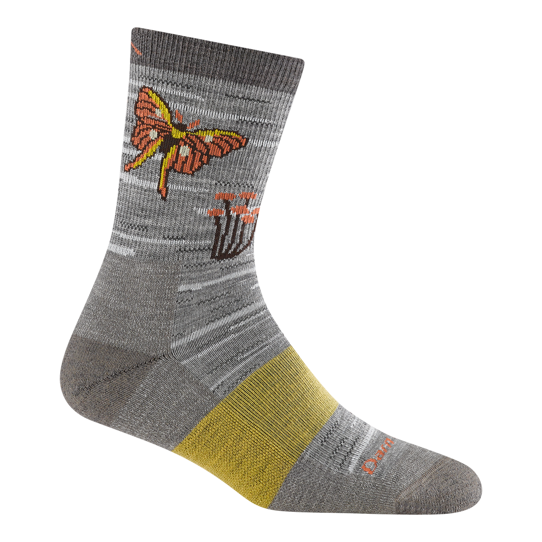 5201 wing it micro crew hiking sock featuring a gray body with yellow band on the arch with a butterfly and flowers on the cuff